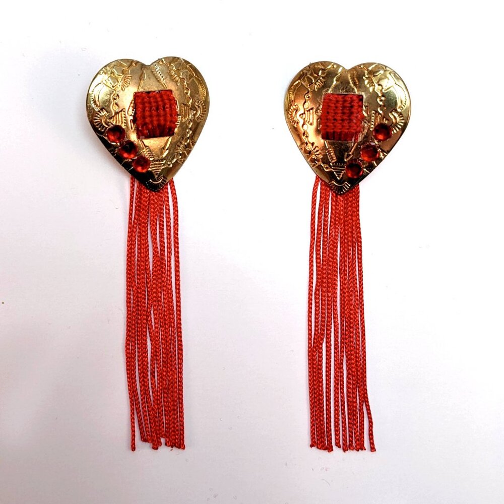 Handmade Western Heart Earrings Red Fringe Rhinestone Gold Country Cowboy Glam